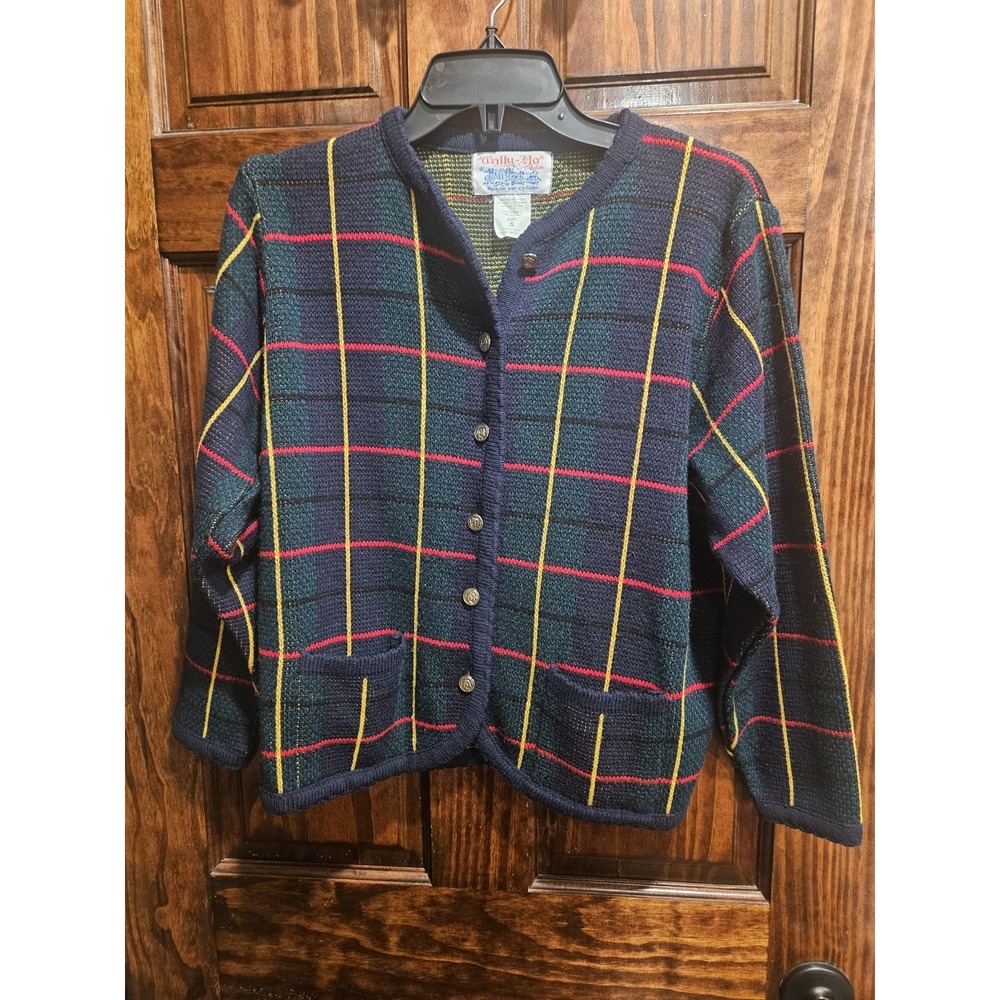 Tally-Ho Vintage Plaid Cardigan Sweater Navy Green Red Metal Buttons Small